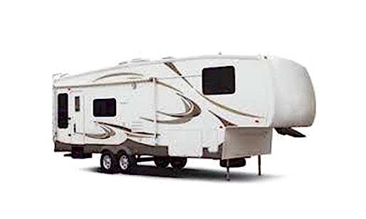 A white rv with brown accents parked on the side of road. A white rv with brown accents parked on the side of road.