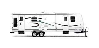 A white trailer with green and black accents. A white trailer with green and black accents.