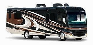 A black and brown motorhome parked in the sun. A black and brown motorhome parked in the sun.