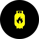 A yellow gas tank with flames on it.