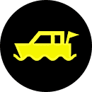 A yellow car is shown on the side of a river.