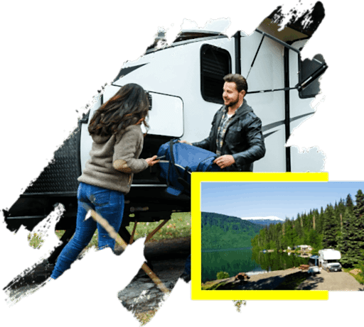 A collage of people and vehicles in the background.